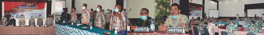 Saat berlangsung rapat koordinasi pembinaan wilayah (Binwil) Kabupaten Mojokerto tahun 2020 dengan tema "Sinergitas 3 Pilar Percepatan Penanganan Covid-19 Di Kabupaten Mojokerto", Kamis pagi (23/4) di Hotel Sun Palace Trowulan.